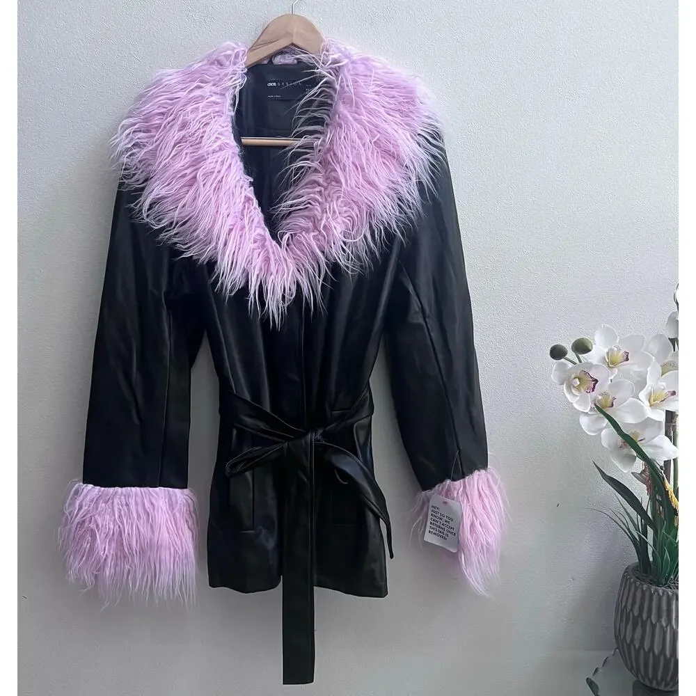 ASOS DESIGN Brog‎ Cuff Faux Leather Black & Pink 70’s Retro Jacket Women's US 14